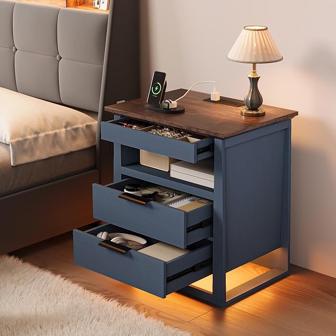 Rresyet 3 Drawer Nightstand with Charging Station & LED Lights & Open Shelf, Modern Night Stand with Storage, Wooden Bedside Table for Bedroom Room, Office (Blue)