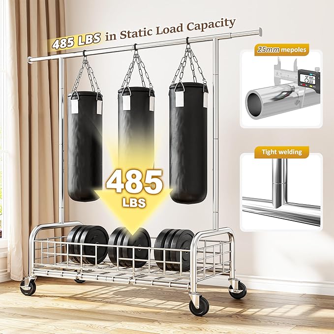 Raybee Heavy Duty Clothes Rack 485 LBS, Rolling Clothing Rack with Storage Basket and Sturdy Wheels, Clothing Racks for Hanging Clothes, Wardrobe Closet Rack for Bedroom, Boutiques, Laundry, Silver
