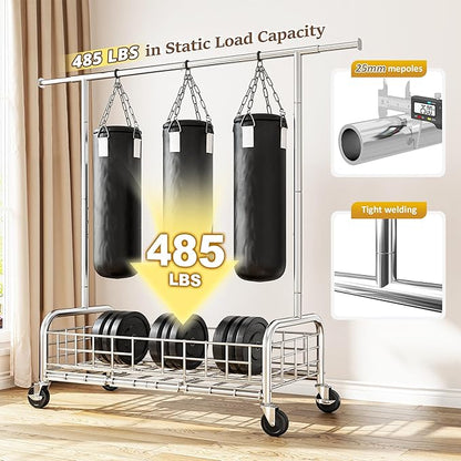Raybee Heavy Duty Clothes Rack 485 LBS, Rolling Clothing Rack with Storage Basket and Sturdy Wheels, Clothing Racks for Hanging Clothes, Wardrobe Closet Rack for Bedroom, Boutiques, Laundry, Silver