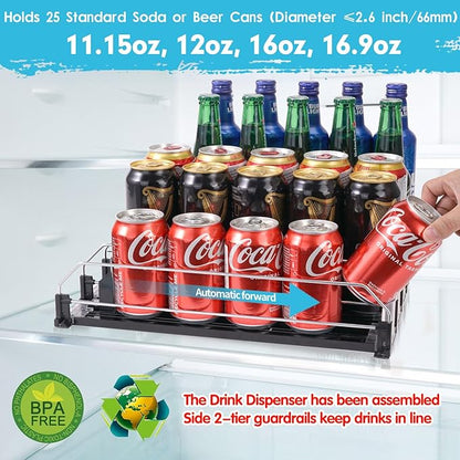 BingoHive Drink Dispenser for Refrigerator, Self-Pushing Soda Can Organizer for Fridge, 5 Rows already Assembled, Automatic Can Dispenser with Spring Loaded for Refrigerator Holds 25 cans, Black