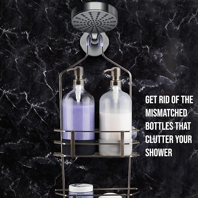 Kitchentoolz 32 oz Glass Pump Bottle with Stainless Steel Pump, Funnel, and Lids - Black
