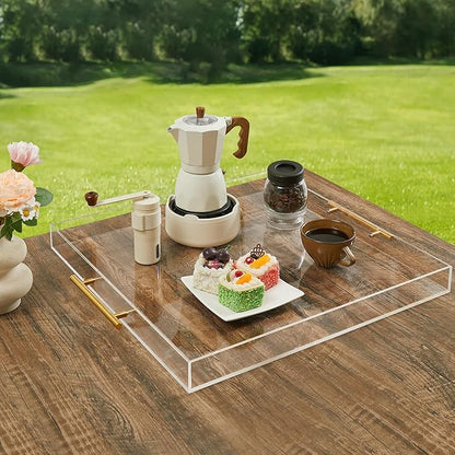 Extra Large Clear Acrylic Serving Tray (21×21 Inches) with Gold Handles Spill Proof Acrylic Over Size Big Decorative Tray Organiser for Ottoman Coffee Table Countertop