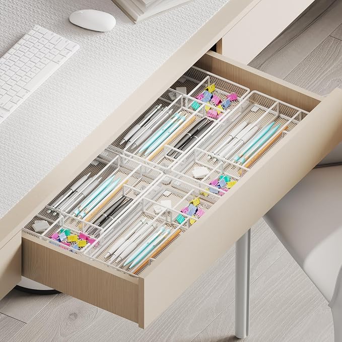 Desk Drawer Organizer Tray, Mesh Desk & Office Drawer Organizer, Suitable for Tools, Pencils & Office Supplies Storage (White)