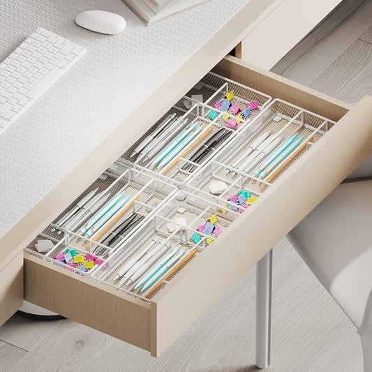 Desk Drawer Organizer Tray, Mesh Desk & Office Drawer Organizer, Suitable for Tools, Pencils & Office Supplies Storage (White)