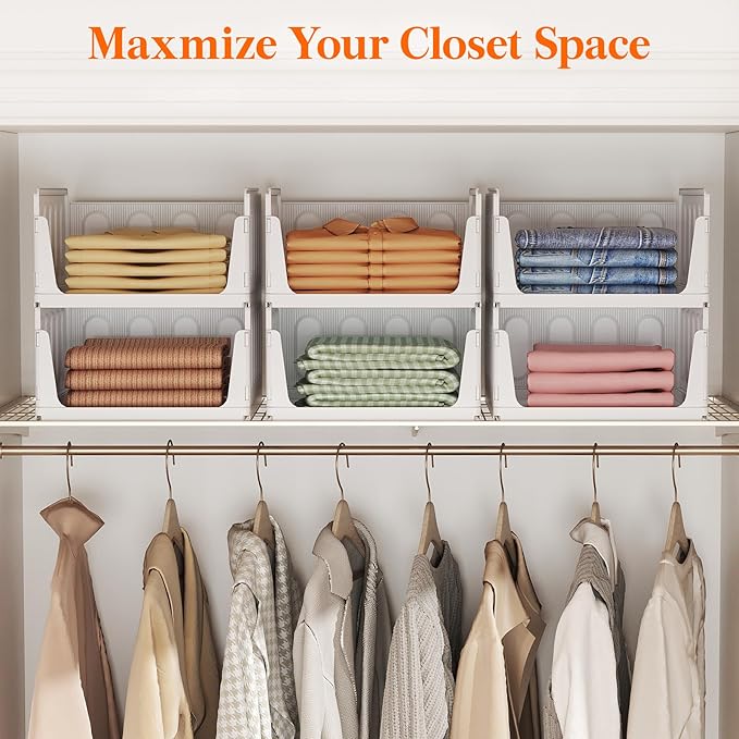 Lifewit 6 Pack Stackable Closet Organizers and Storage Basket for Clothes, Plastic Storage Bins for Wardrobe, Multifunctional Drawer Organizer for Bathroom, Kitchen, Laundry Room, Office, Dorm, White