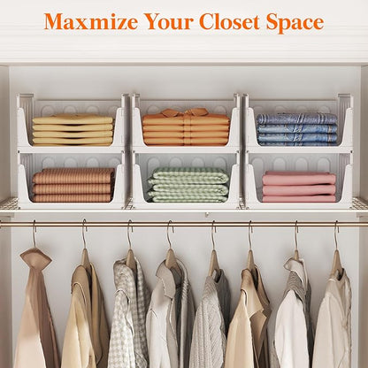 Lifewit 6 Pack Stackable Closet Organizers and Storage Basket for Clothes, Plastic Storage Bins for Wardrobe, Multifunctional Drawer Organizer for Bathroom, Kitchen, Laundry Room, Office, Dorm, White
