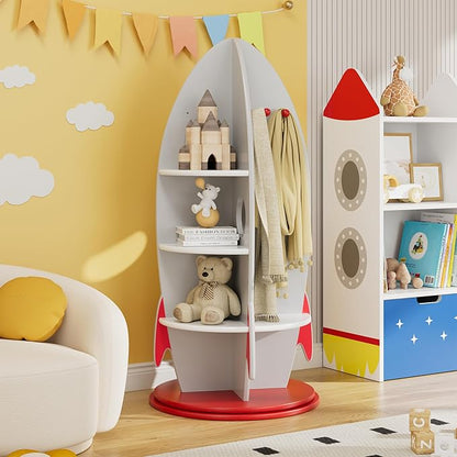 Rocket Kids Bookshelf, Space Themed Toy Storage Organizer with Coat Hooks, 360° Rotating Children's Bookcase for Playroom, Bedroom, Nursery