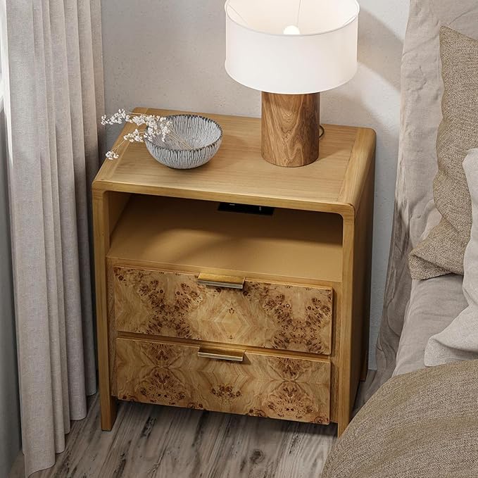 Farmhouse Nightstand with Charging Station, Side Table with Power Outlet and USB & Type C Ports, Wood Bedside Table for Bedroom, Fully Assembled, Rustic, Natural, Burl