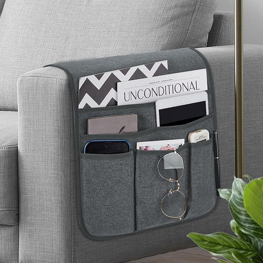 Teniux Remote Control Holder Armchair Caddy for Recliner Couch, Non-Slip Armrest Organizer with 5 Pockets for Magazine, Tablet, Phone, iPad (Grey)