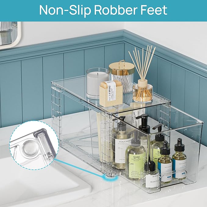 Vtopmart 4 Pack Clear Stackable Storage Drawers,Under Sink and Kitchen Organizers Storage,Easy to Assemble Plastic Drawers for Baby Bottle,Medicine, Bathroom,Cabinet and Pantry Organization