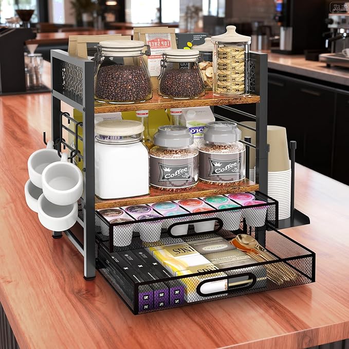 Coffee Bar Organizer - 4 Tier Coffee Station Organizer for Countertop, Coffee Bar Storage with 4 Hooks, with K Cup Storage Drawer and Cup Holder, Multifunctional Shelf for Accessories Kitchen