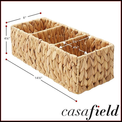 Casafield Set of 2 Water Hyacinth Basket Organizers with 3 Sections, Natural - Woven Storage Bins for Bathroom, Laundry, Pantry, Office, Shelves