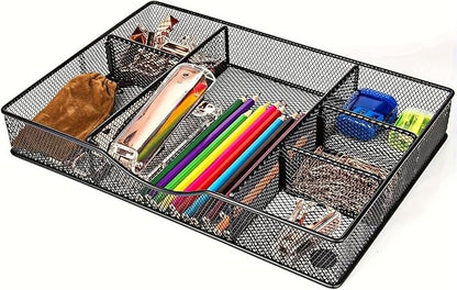 VyGrow Desk Drawer Organizer Tray, Metal Mesh Drawer Organizers Office, 6 Adjustable Compartment, Desk Organizer Tray for Home Office 12.87L x 8.73D x 1.96H inch, Black, 1PC Medium