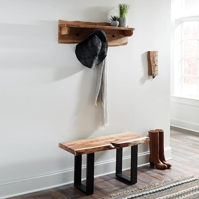 Alpine Natural Live Edge Wood Coat Hooks with Shelf – 36-Inch Wall-Mounted Home Storage Solution with Clear Finish and Unique Natural Wood Design by Alaterre Furniture