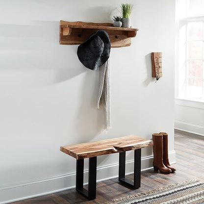 Alpine Natural Live Edge Wood Coat Hooks with Shelf – 36-Inch Wall-Mounted Home Storage Solution with Clear Finish and Unique Natural Wood Design by Alaterre Furniture