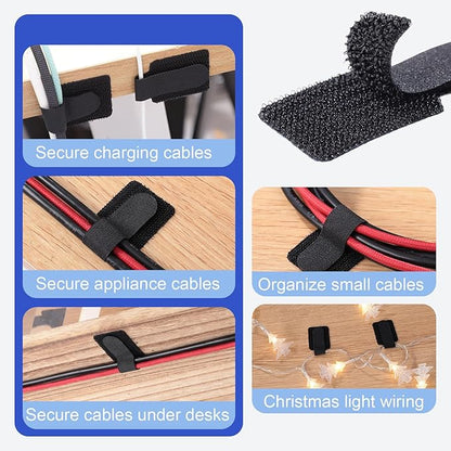100 Pcs Hook and Loop Cable Ties, Self Adhesive Cable Management Under Desk Cable Straps, Adjustable Cord Organizer for Desk Home Office Organization (Black)