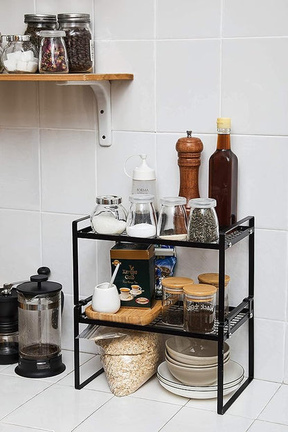 2 Pack Kitchen Cabinet Shelf Counter Organizer Rack Pantry Storage Bathroom Bedroom Office Table Desk Space Saving Steel Frame Stackable Rust Resistant Non Slip Black