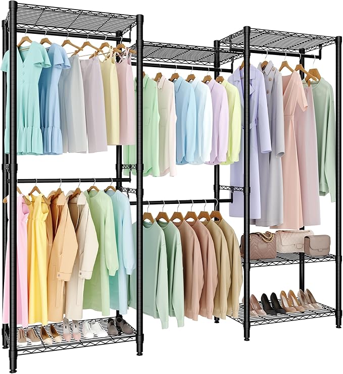Portable Clothes Rack Heavy Duty Garment Rack, Large Freestanding Closet Wardrobe with Adjustable Shelves & 5 Hanging Rods, Closet Organizer and Storage for Bedroom Cloakroom, 76.5"H x 67.6"L x 15.5"W
