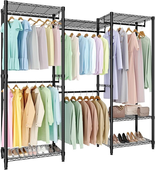 Portable Clothes Rack Heavy Duty Garment Rack, Large Freestanding Closet Wardrobe with Adjustable Shelves & 5 Hanging Rods, Closet Organizer and Storage for Bedroom Cloakroom, 76.5"H x 67.6"L x 15.5"W