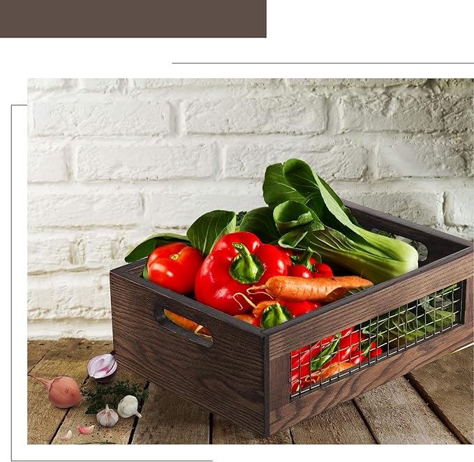 Wooden Nesting Countertop Baskets Set of 3 for Kitchen, Bathroom, Pantry|Wooden storage organizer For Fruit, Vegetables, Produce, Bread|Wooden Crate with handles|Decorative Rustic Wood and Metal Wire