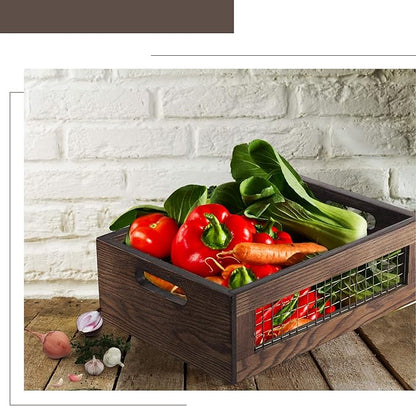 Wooden Nesting Countertop Baskets Set of 3 for Kitchen, Bathroom, Pantry|Wooden storage organizer For Fruit, Vegetables, Produce, Bread|Wooden Crate with handles|Decorative Rustic Wood and Metal Wire