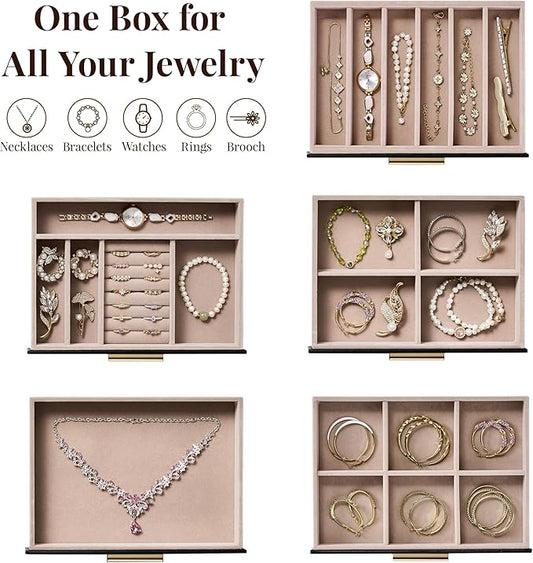 pickpiff Jewelry Box Organizer Case for Women: 5-Layer Jewelry Storage Case with Glass Window, Black Leather with Blush Velvet, Holder for Ring Necklace Bracelet Brooch Watch, Great Gift for Her