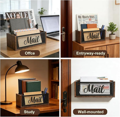 Mail Organizer Countertop, Rustic Farmhouse 2-Slot Wood & Iron Mail Holder, Retro Wall Mounted or Desk Entryway Letter Bill Envelope Sorter, No Assembly