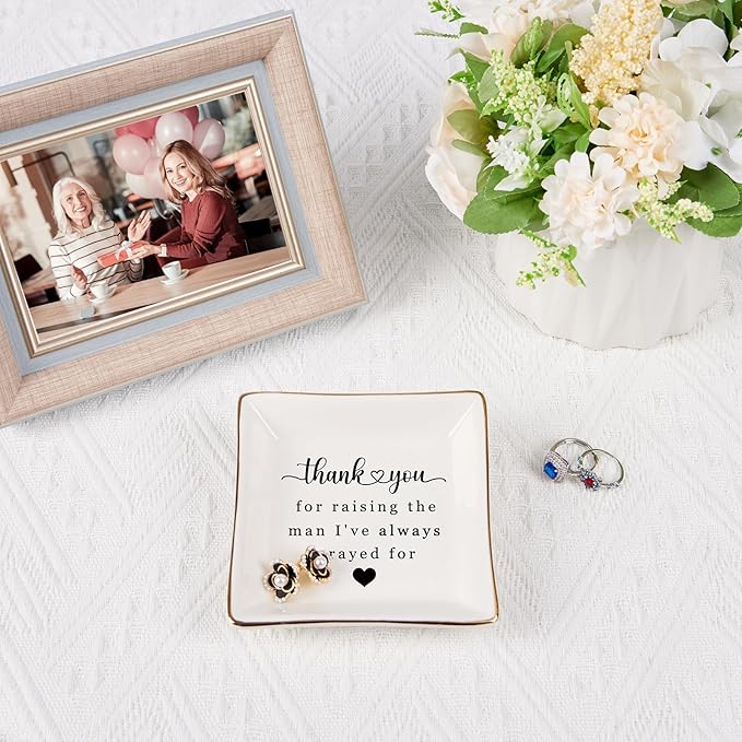 Spegiffu Mother in Law Gifts Jewelry Trinket Dish, Mother of the Groom Gift from Bride - Thank You for Raising the Man I've Always Prayed for - Christmas Mothers Day Birthday Wedding Gifts