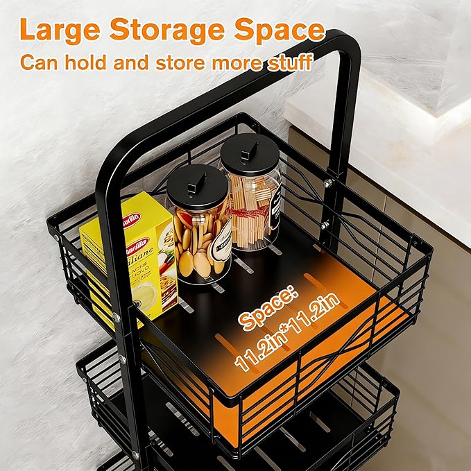 3 Tier Rolling Cart, Heavy Duty Metal Utility Cart with 4 Lockable Wheels & Handle, Multi-Purpose Storage Organizer for Kitchen, Bathroom, Laundry Room, Pantry, Office, Craft, Makeup (Black)