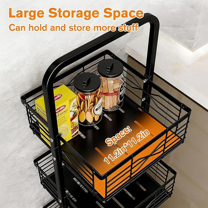 3 Tier Rolling Cart, Heavy Duty Metal Utility Cart with 4 Lockable Wheels & Handle, Multi-Purpose Storage Organizer for Kitchen, Bathroom, Laundry Room, Pantry, Office, Craft, Makeup (Black)