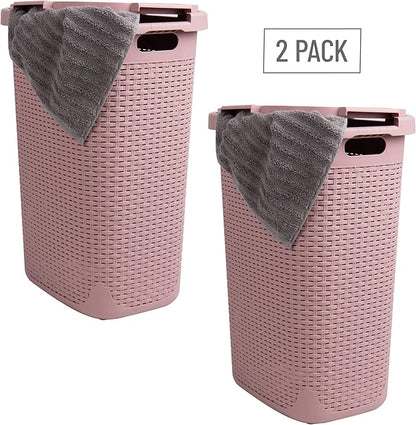Mind Reader Slim Laundry Hamper with Lid, 60L Clothes Baskets, Premium Wicker Design, Plastic, 2-Pack, Pink