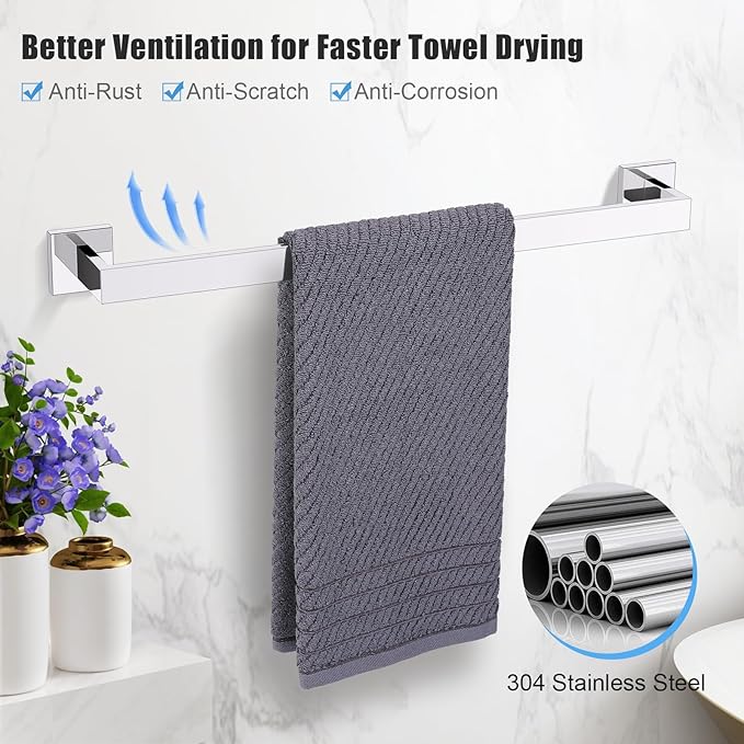 TURS 10-Piece Bathroom Hardware Accessories Set Chrome Towel Bar Holder Set SUS304 Stainless Steel Towel Racks for Bathroom Wall Mounted, 23.6-Inch
