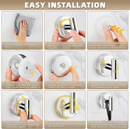 Fenas Suction Cup Hooks for Shower - Bathroom Reusable Hooks for Towels, Robes & Loofah - No-Drill Mounting on Kitchen,Walls,Metal,Glass,Mirrors,Tile & Smooth Non-Porous Surfaces (2, Chrome Polished)