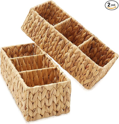Casafield Set of 2 Water Hyacinth Basket Organizers with 3 Sections, Natural - Woven Storage Bins for Bathroom, Laundry, Pantry, Office, Shelves