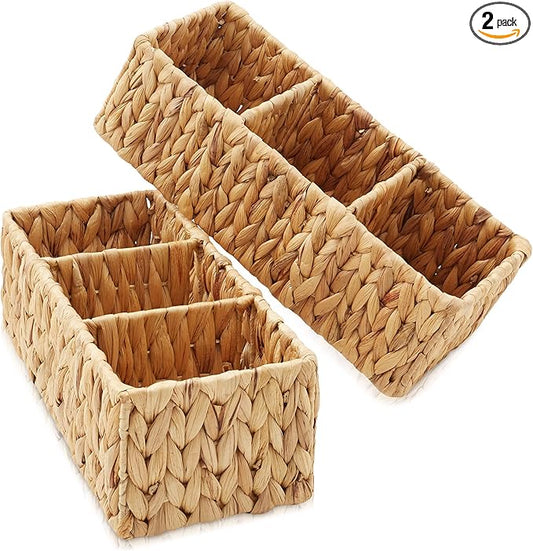 Casafield Set of 2 Water Hyacinth Basket Organizers with 3 Sections, Natural - Woven Storage Bins for Bathroom, Laundry, Pantry, Office, Shelves