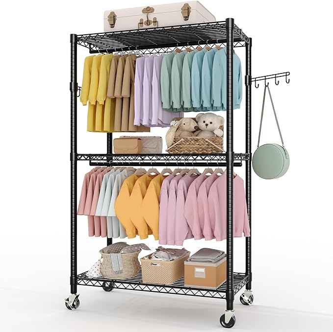 Garvee 3 Tier Clothes Rack with Wheels, Adjustable Shelves & 2 Hanging Rod, Heavy Duty Clothing Rack Closet Organizer Freestanding Wardrobe for Hanging Clothes, 79.6" H x 45.3" W x 15.8" D, Black