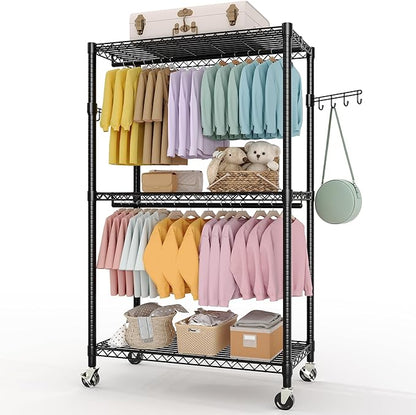 Garvee 3 Tier Clothes Rack with Wheels, Adjustable Shelves & 2 Hanging Rod, Heavy Duty Clothing Rack Closet Organizer Freestanding Wardrobe for Hanging Clothes, 79.6" H x 45.3" W x 15.8" D, Black
