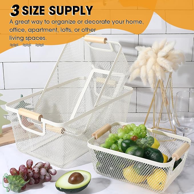 4 Pcs Metal Wire Basket with Wooden Handles Mesh Steel Storage Organizer Bin Containers for Home Organizing Cabinet Pantry Closet Kitchen Fridge Fruit Makeup Snacks Gifts(Medium,Cream White)