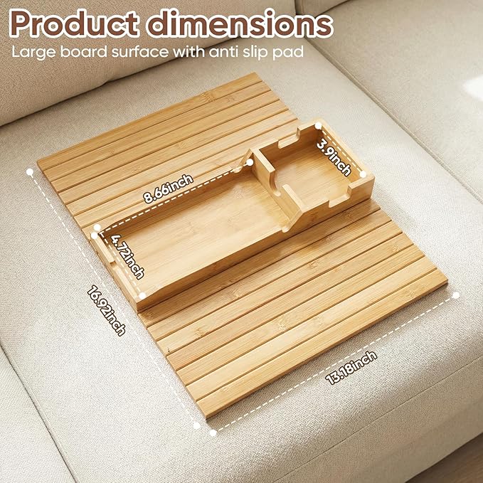 Foldable Bamboo Couch Arm Tray with Cup Holder - Anti-Slip Sofa Armrest Organizer for Drinks, Snacks, Remotes, Phones & More - Eco-Friendly Home Decor Gift (Bamboo)