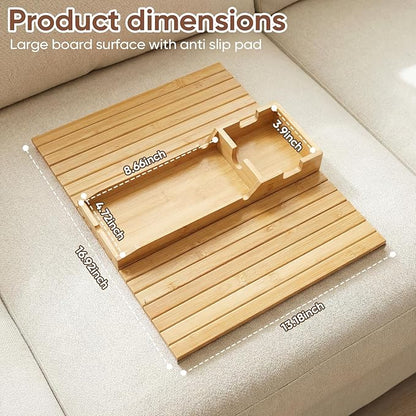 Foldable Bamboo Couch Arm Tray with Cup Holder - Anti-Slip Sofa Armrest Organizer for Drinks, Snacks, Remotes, Phones & More - Eco-Friendly Home Decor Gift (Bamboo)