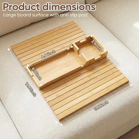 Foldable Bamboo Couch Arm Tray with Cup Holder - Anti-Slip Sofa Armrest Organizer for Drinks, Snacks, Remotes, Phones & More - Eco-Friendly Home Decor Gift (Bamboo)