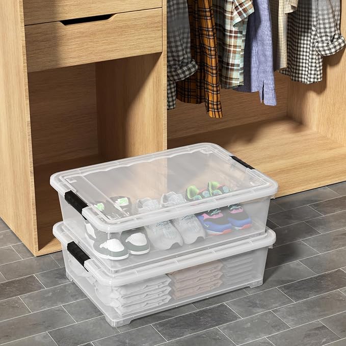 Zerdyne 25 L Clear Under Bed Storage Bins with Lids, 4-Pack Under Bed Plastic Latch Storage Box with Wheels