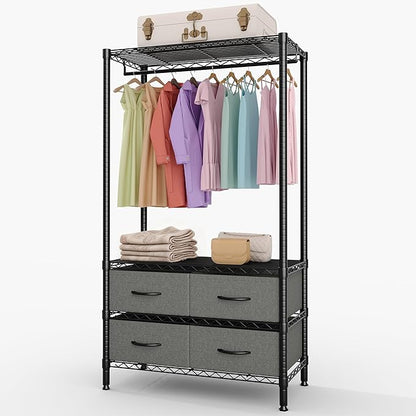 Clothes Rack with 4 Fabric Storage Drawers and Adjustable Shelves, 3-Tier Heavy-Duty Garment Rack Portable Clothes Hanger Closet Organizers for Bedroom Dorm Apartment, 71.5"H x 35.2"W x 15.4"D