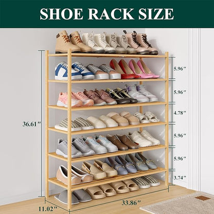 Smiry Long Bamboo Shoe Rack 6-Tier, Stackable Wooden Shoe Organizer for Entryway & Closet, Free Standing Wood Shoe Storage Shelf for Front Door & Small Spaces, Natural