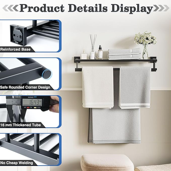 Alise Double Towel Rack for Bathroom Wall Mounted,24 Inch Bathroom Tower Holder Black Towel Rack with Double Towel Bars,SUS304 Stainless Steel Towel Bar Towel Rack with Shelf,Matte Black