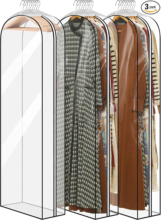 60" Clear Garment Bags for Hanging Clothes, 10" Gusseted Dress Bags with Side Zipper for Gowns and Women's Coats, Long Dress Covers, 3 Pack