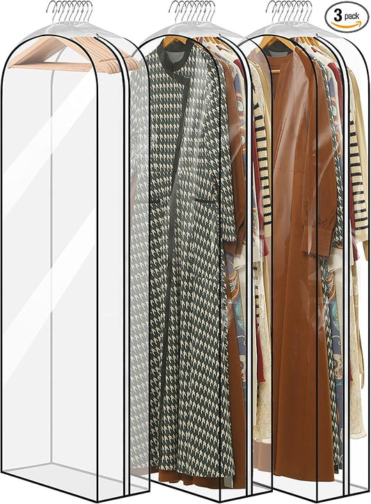60" Clear Garment Bags for Hanging Clothes, 10" Gusseted Dress Bags with Side Zipper for Gowns and Women's Coats, Long Dress Covers, 3 Pack