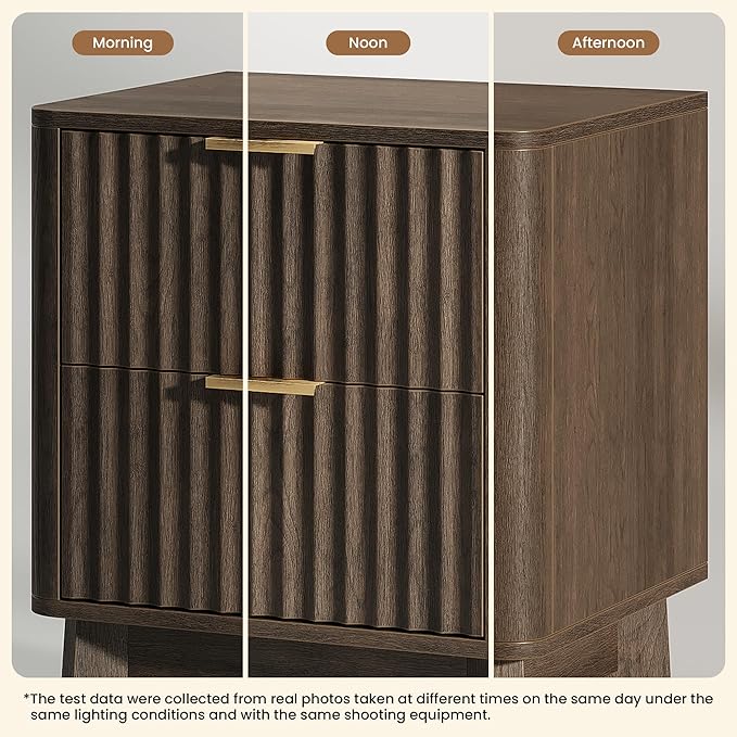 TROJM Fluted Nightstand,Modern End Table with Metal Handle,2 Storage Drawers Side Table,Bedside Table for Bedroom,Wood Nightstands,Curved Profile Design Furnitue,Walnut