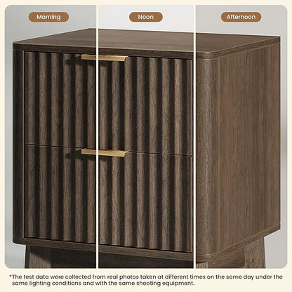 TROJM Fluted Nightstand,Modern End Table with Metal Handle,2 Storage Drawers Side Table,Bedside Table for Bedroom,Wood Nightstands,Curved Profile Design Furnitue,Walnut