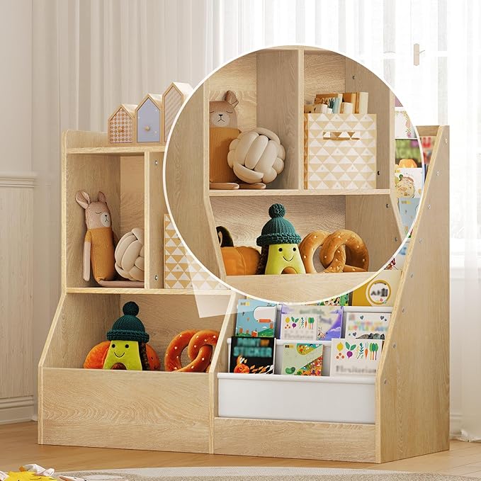 39.4" Kids Bookshelf and Toy Storage, 7 Layer Kids Book Sling Shelf, Toddler Bookshelf, Kids Bookcase, Toy Organizer Cabinet, Large, for Playroom, Bedroom, Nursery, Natural BKNW7301